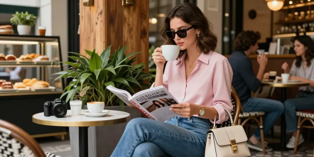 Frau im Café mit lifestyle-motiviertem Lesen und Kaffee, lady-lifestyle.de