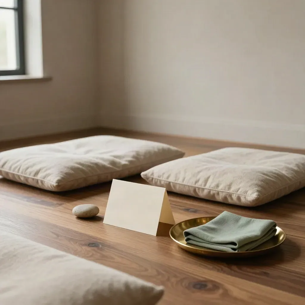 Ruhiger Coaching-Raum mit Meditationskissen, Messingtablett und Stein im weichen Licht.