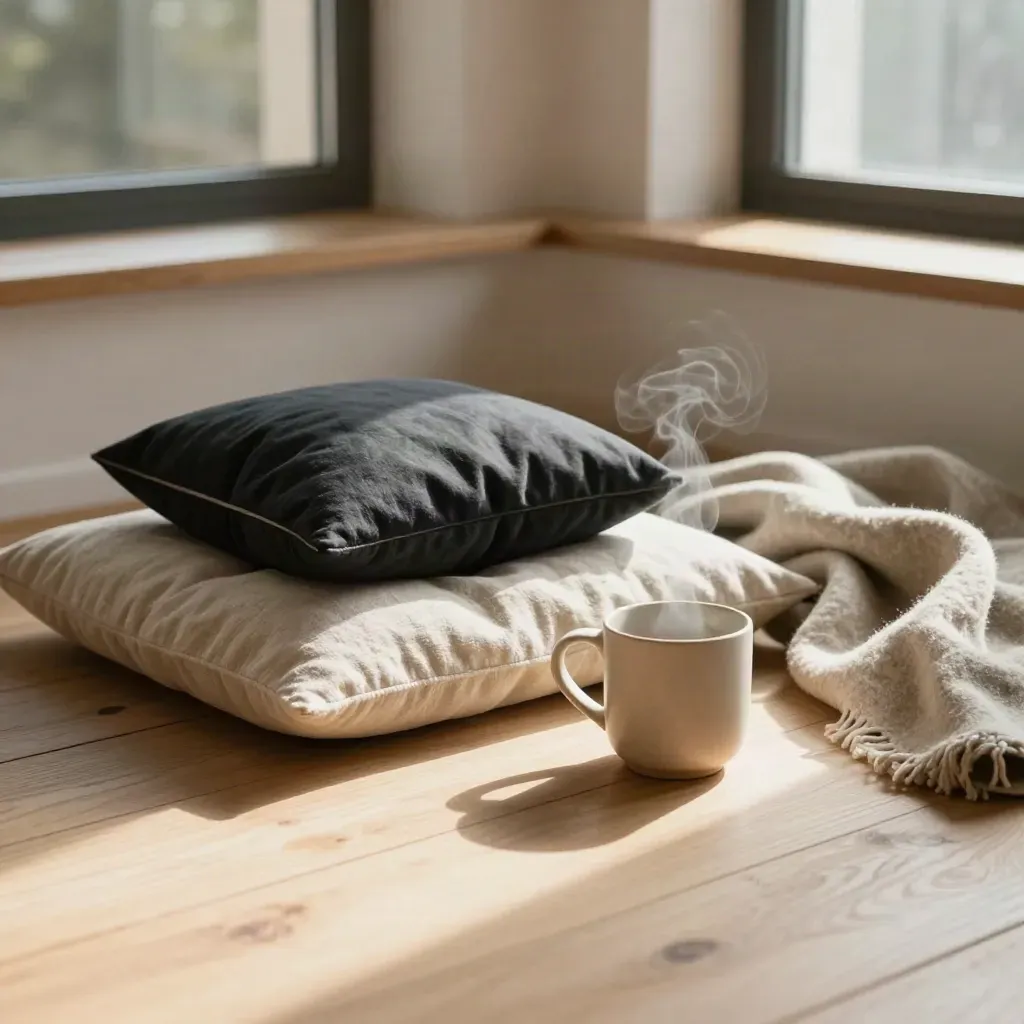 Meditationsecke mit Kissen, Augenkissen, Tasse und Decke am warmen Fenster