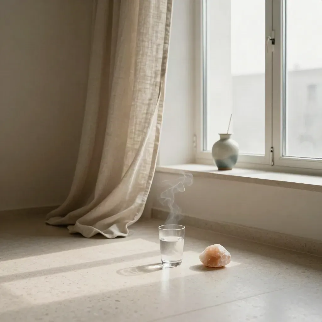 Offene Fensterfront mit Leinenvorhang, Wasserglas, Salzstein und Räucherfahne in ruhiger Atemarbeit.