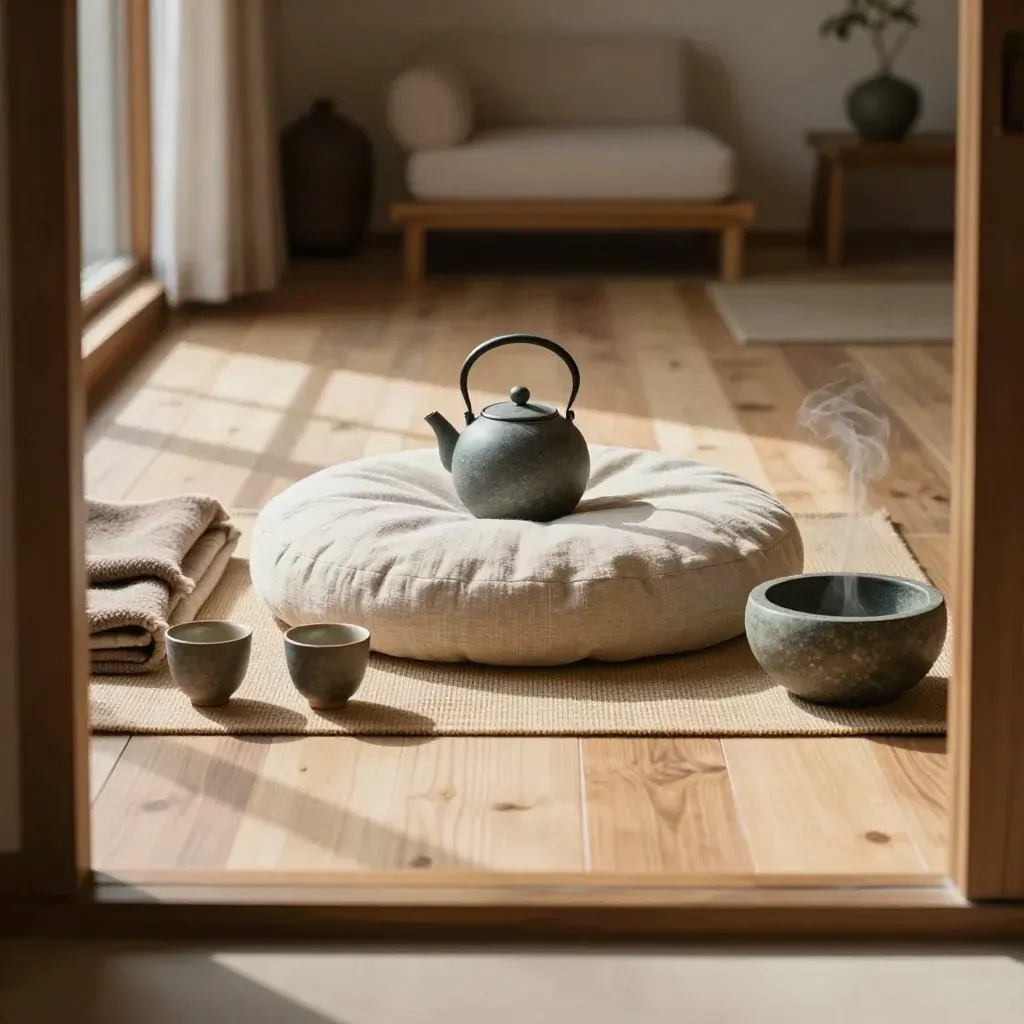 Leerer Wellnessraum mit Kissen, Teekanne, Tassen, Decke und Steinbowl im warmen Licht