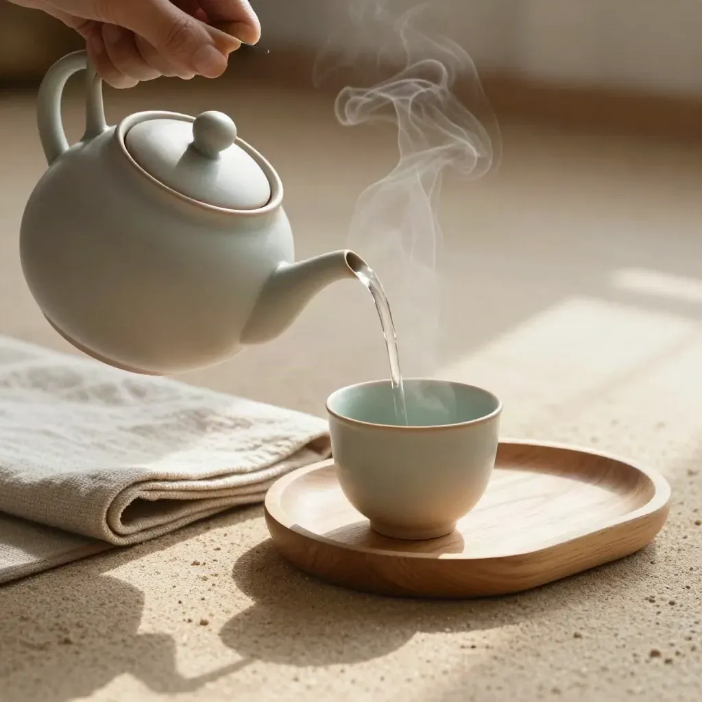 Morgendliche Teekanne, Tasse und Matte im Sonnenstreif, sanfter Dampf auf hellem Boden.