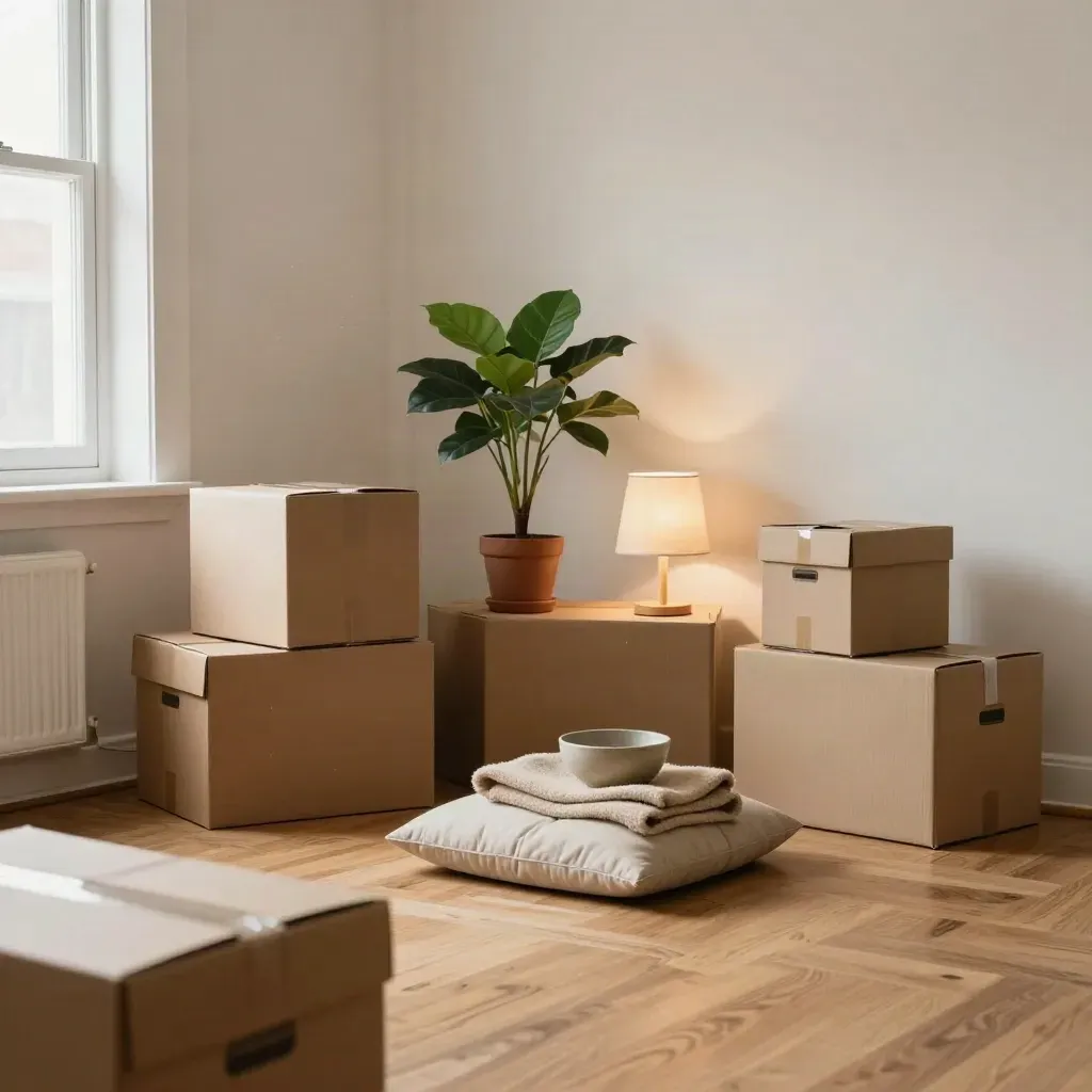 Neuer Wohnungswinkel mit Umzugskartons, Leinenlampe, Pflanze und Meditationsplatz