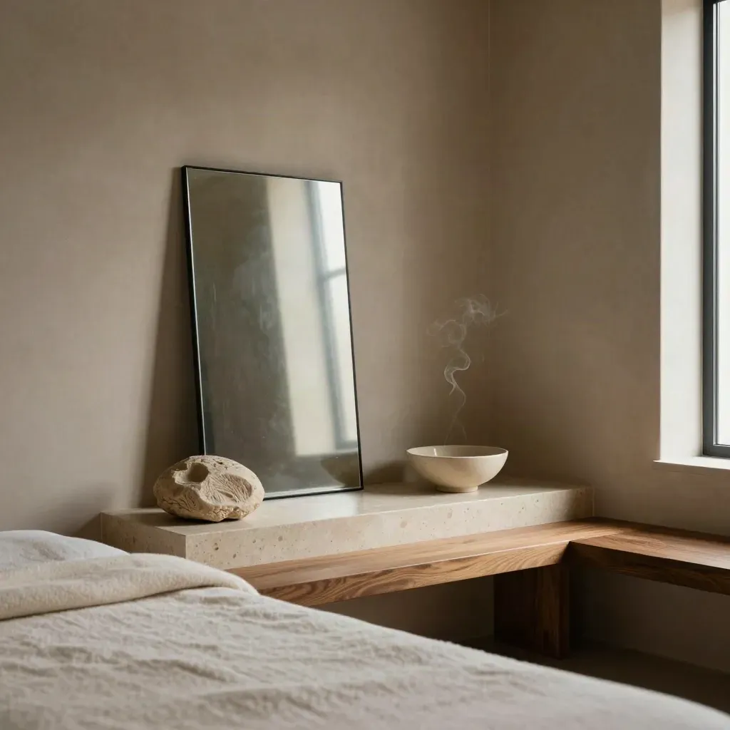 Stille Wellness-Ecke mit Rauchglas-Spiegel, Steinskulptur, Keramikschale und Decke im warmen Licht.
