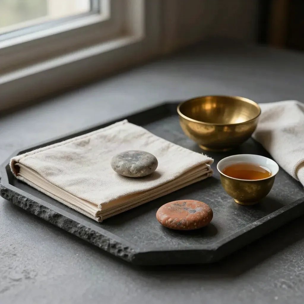 Leinenheft, Kiesel, Messingschale und Tee auf dunklem Steintray