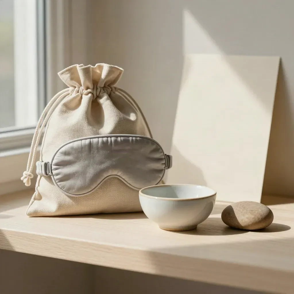 Reise-Wellness-Set mit Augenmaske, Keramikschale, Stoffbeutel und Taschenstein auf hellem Holz.
