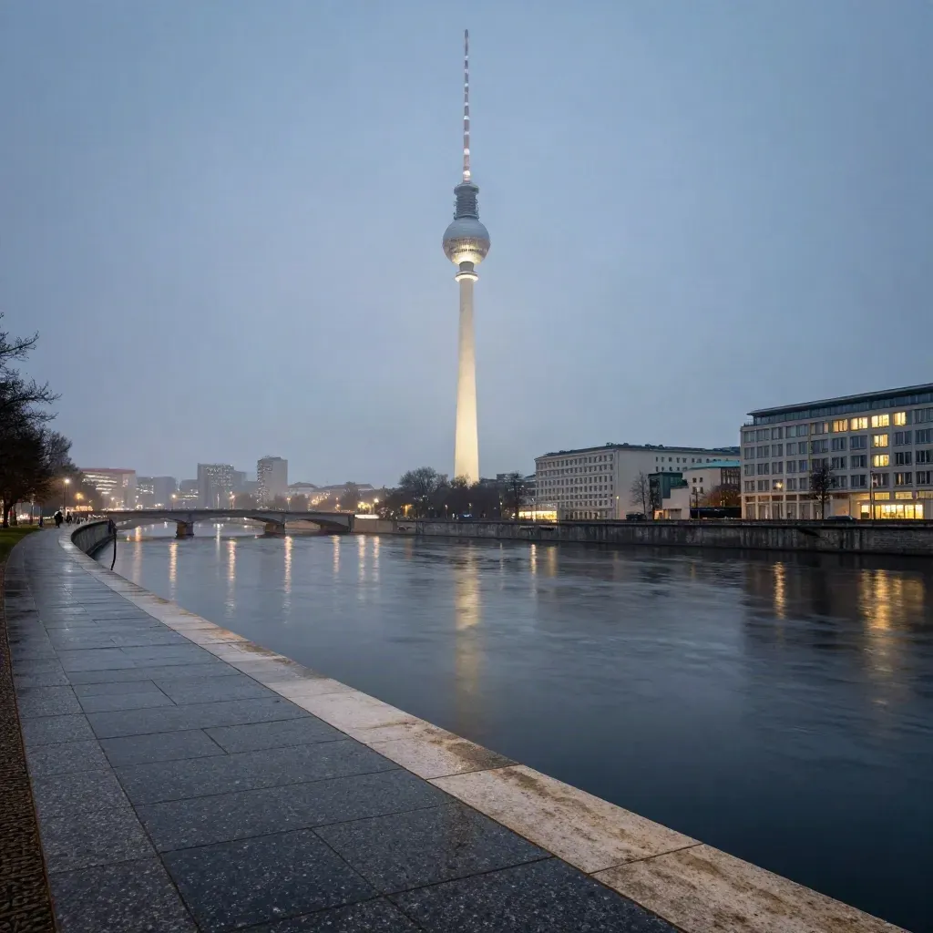 Fernsehturm über der Spree bei feuchtem Stein und ruhiger Wasserlinie in Berlin Mitte.