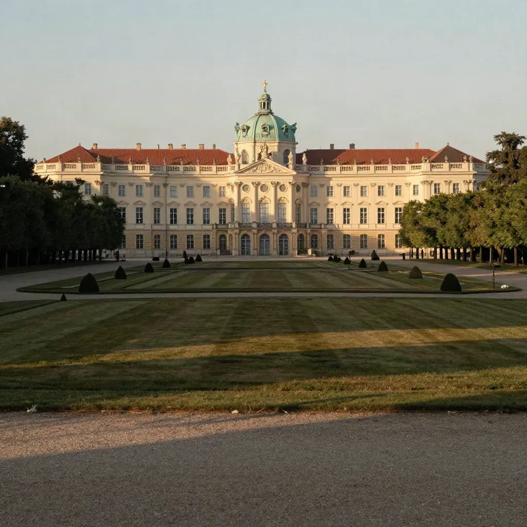 Schloss Charlottenburg im warmen Abendlicht mit ruhigen Parkachsen und viel freier Fläche unten