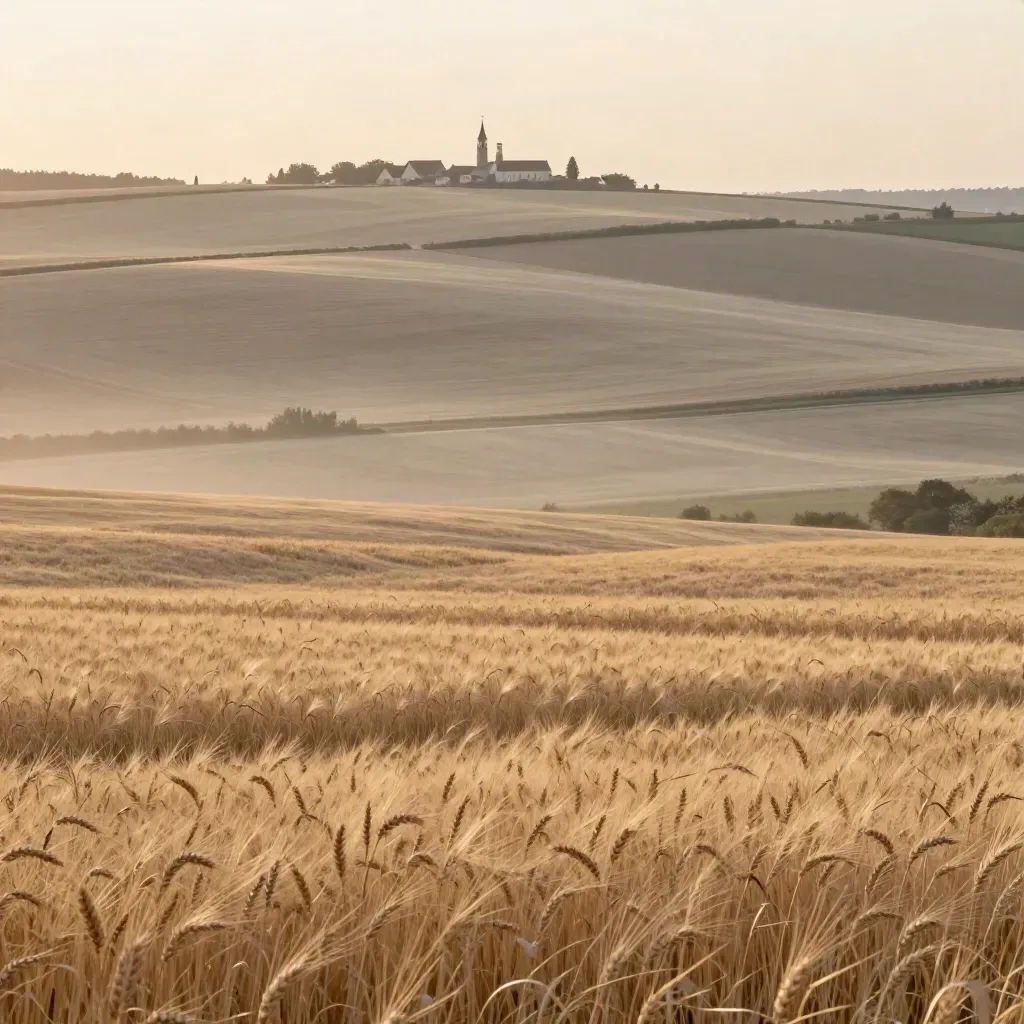 Weite Sommerlandschaft mit Feldern, kleinem Kirchlein am Horizont und viel ruhiger Haze-Fläche.